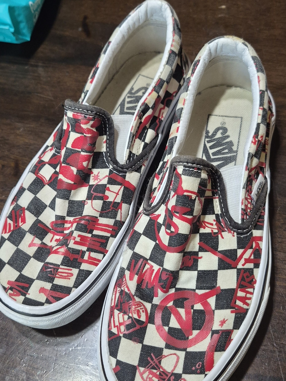 Vans 6.5 Classic Slip-On Checkerboard Graffiti Shoes - Red/Black